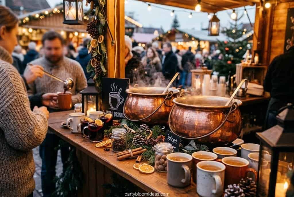 Rustic hot cider and mulled wine station with mason jars, cinnamon sticks, oranges, and warm autumn drinks.