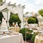 Beautiful outdoor celebration with a tiered cake, floral arrangements, and a cloud-themed photo back.