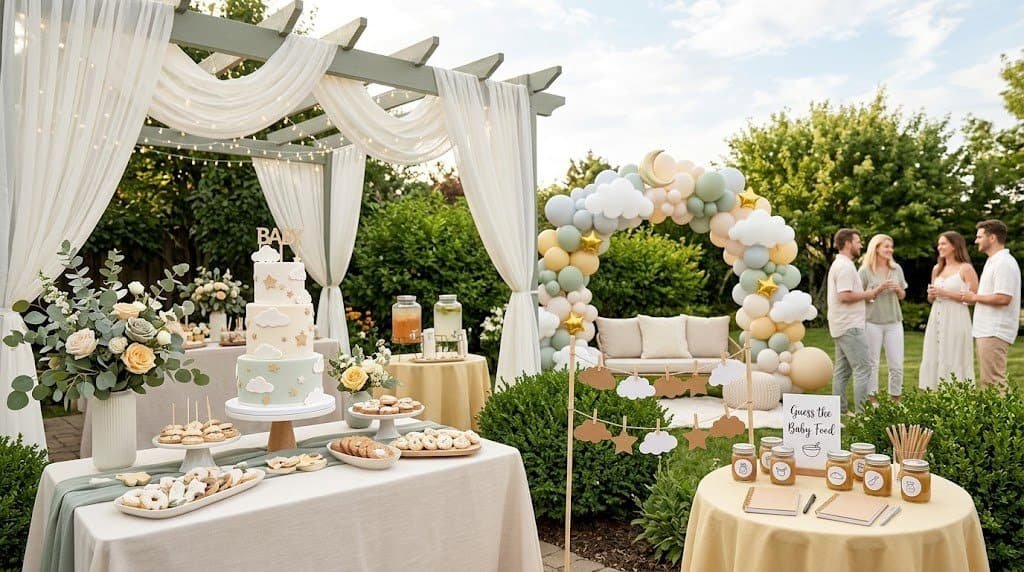 Beautiful outdoor celebration with a tiered cake, floral arrangements, and a cloud-themed photo back.