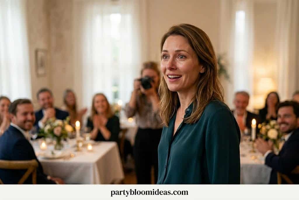 Woman surprised at a party with friends and family, celebrating a special occasion.