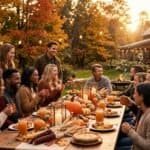 Outdoor fall gathering with friends and family at a rustic farm setting. Cozy autumn celebration wit.