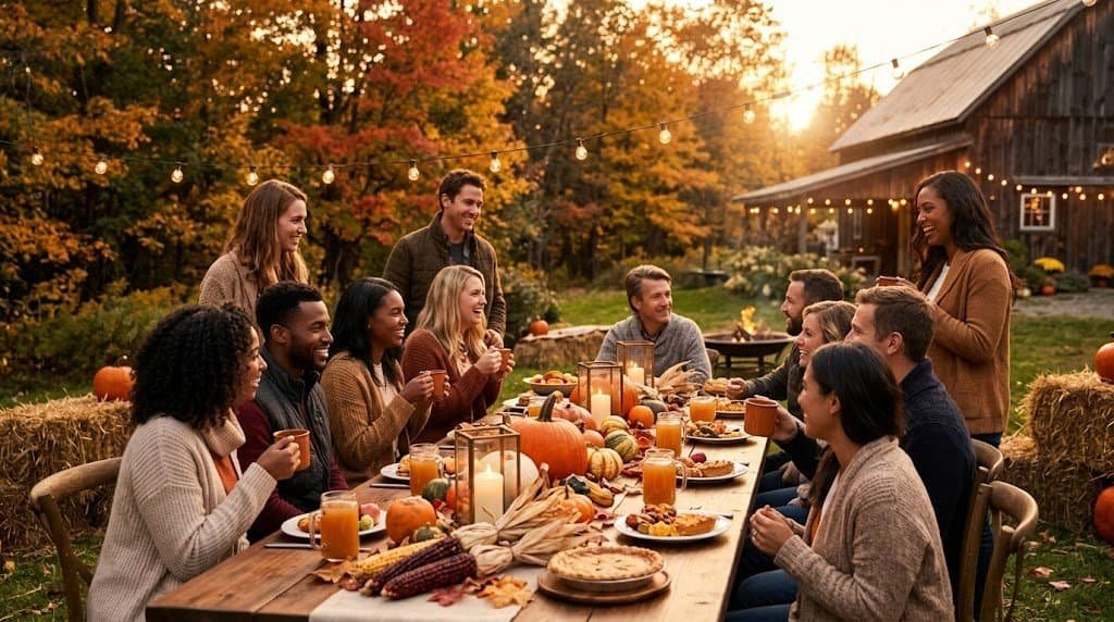 Outdoor fall gathering with friends and family at a rustic farm setting. Cozy autumn celebration wit.