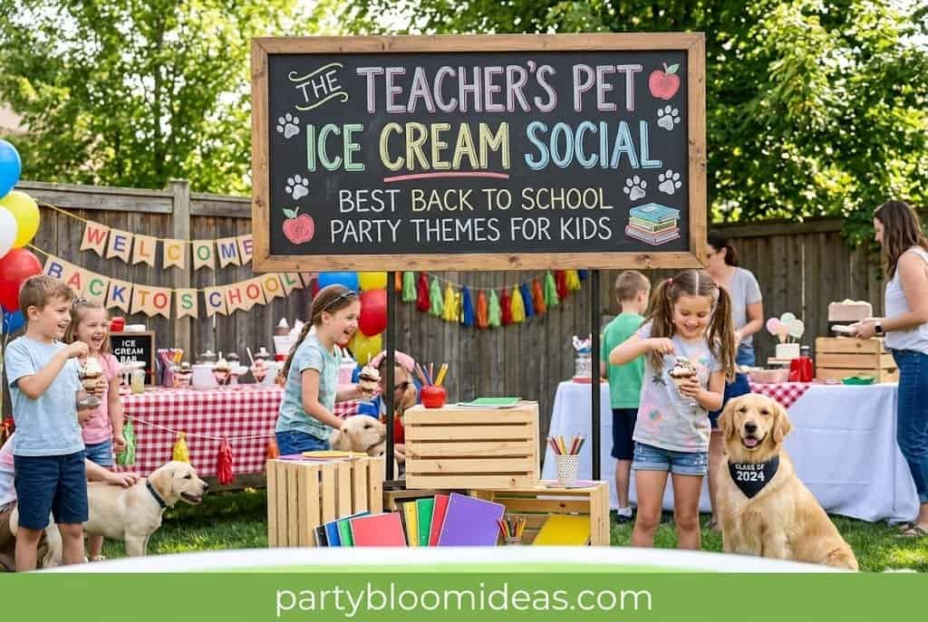 Ice cream party table with toppings bar, cones, and kids building their own sundaes.