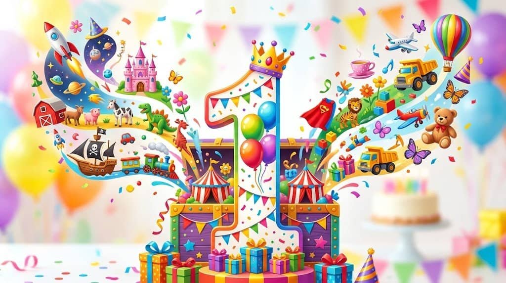 Colorful first birthday party decorations with balloons, toys, and a large number one.