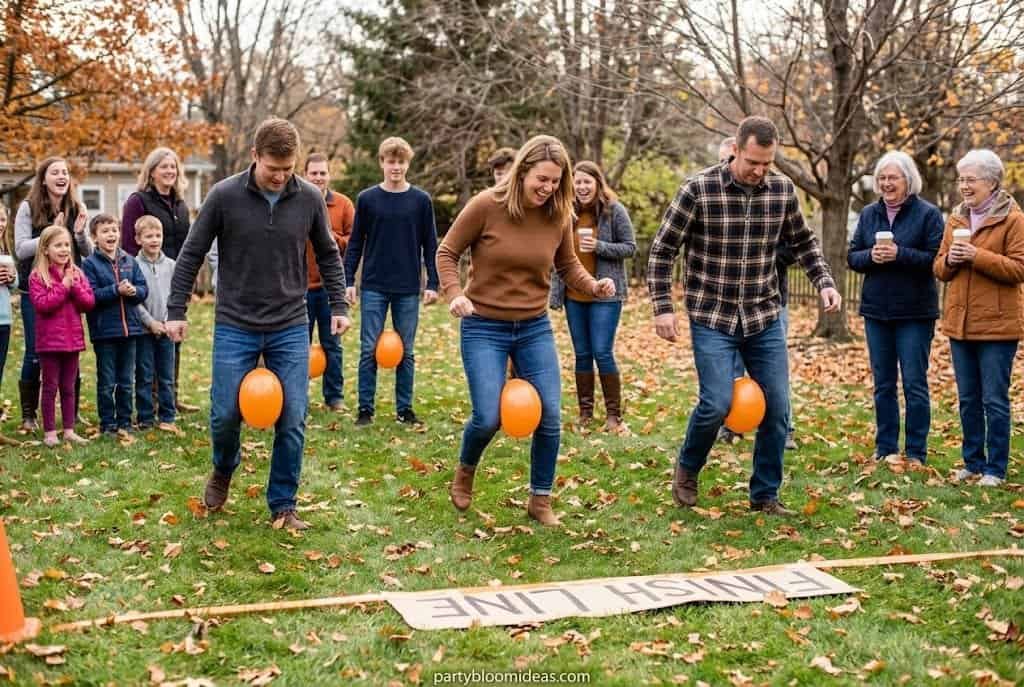 Family members waddling with orange balloons between their knees during a funny Thanksgiving relay race