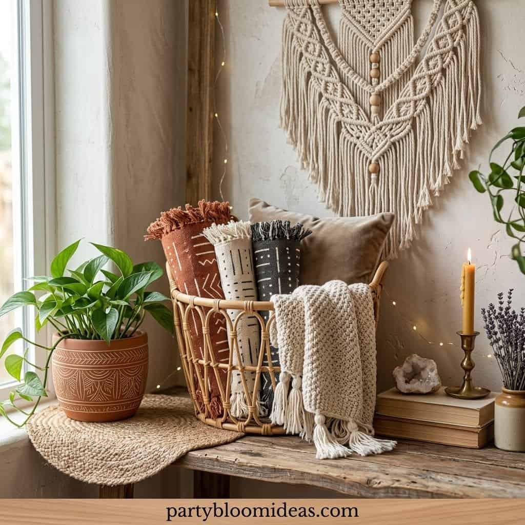 essential boho party decor items including macrame, pampas grass, and neutral textures