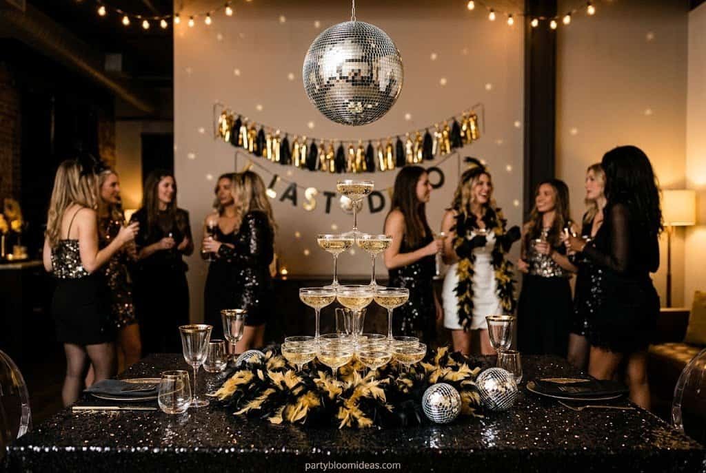 Girls' night celebration with friends, champagne glasses, and festive decorations