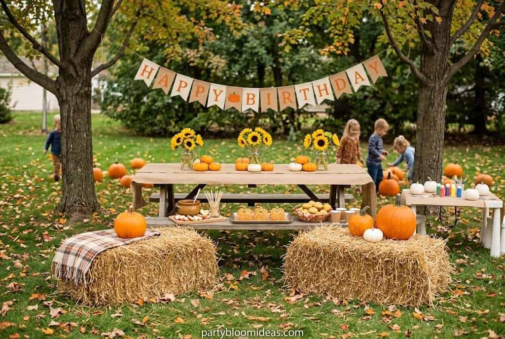 Pumpkin patch birthday party with hay bales, mini pumpkins, burlap runner, and sunflower centerpieces