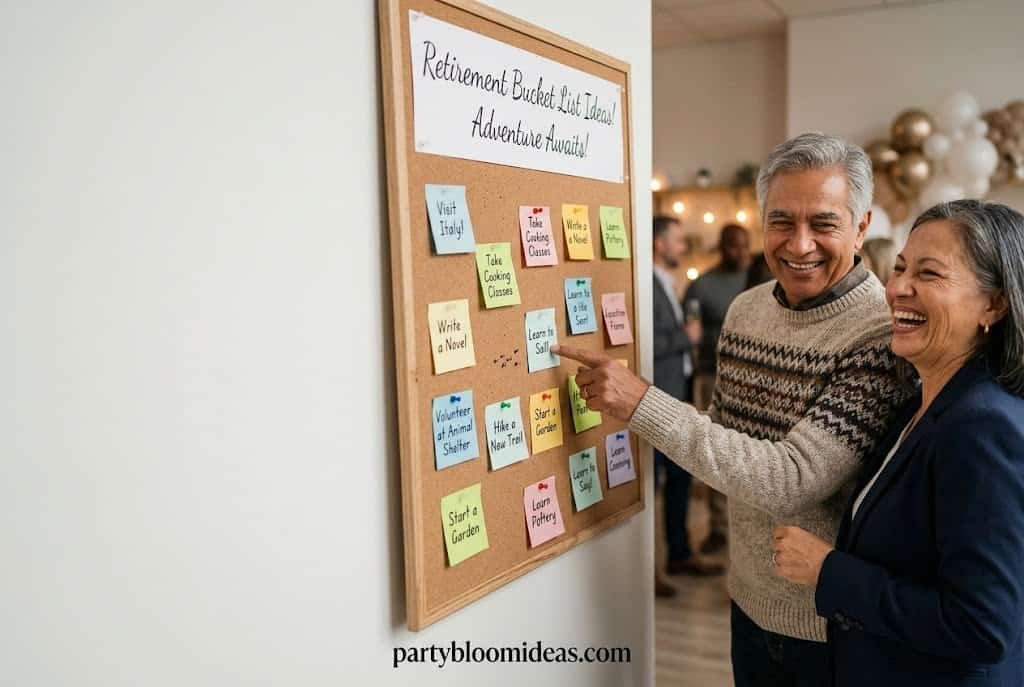 Retirement bucket list board filled with colorful sticky notes showing travel dreams, hobbies, and future adventure ideas at a celebration setup — Retirement Party Ideas for memorable retirement planning and fun future goal inspiration 