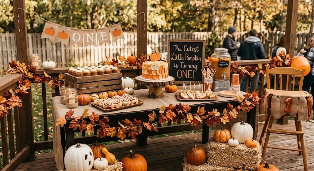 Autumn pumpkin themed first birthday party setup with fall decorations, pumpkins, and treats on a ru.