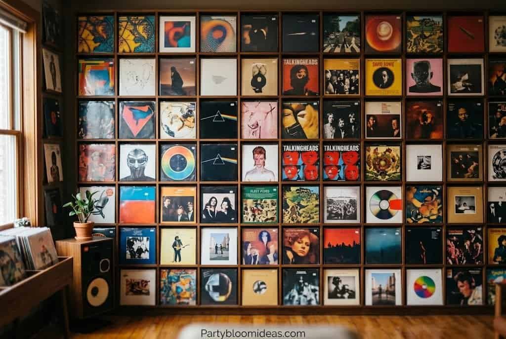 Vintage vinyl records arranged as wall decor for a retro disco party theme