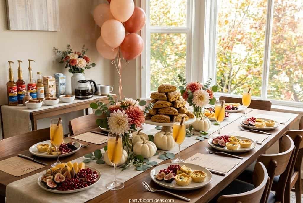 Pumpkin spice brunch birthday with coffee bar, mini pumpkins, and autumn pastries