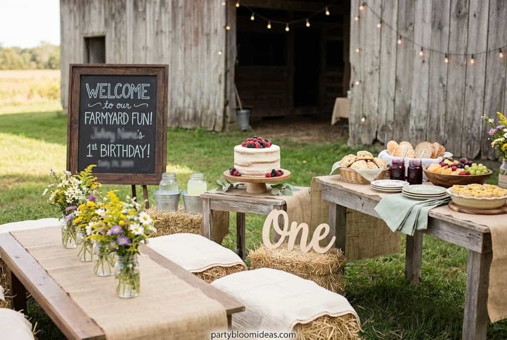 Rustic farmhouse first birthday party with mason jars, burlap decor, wildflowers, and naked berry cake