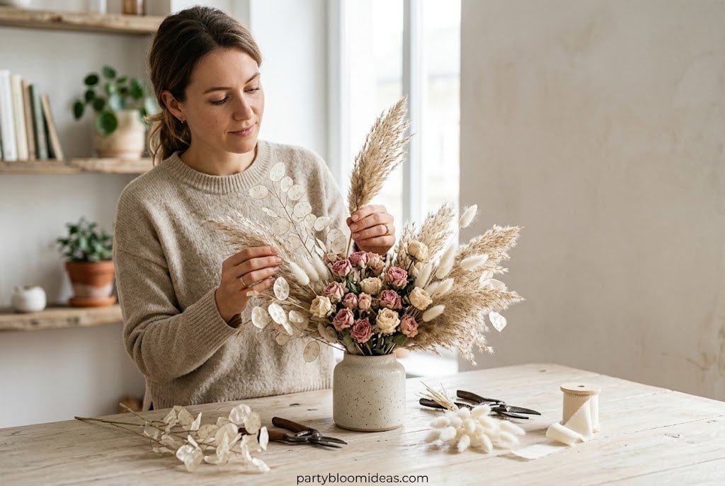 Beautiful floral arrangement with roses and pampas grass for wedding decor.