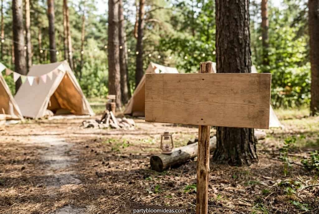 Personalized wooden camp birthday sign reading Camp Olivia Est. 2026 at a party entrance