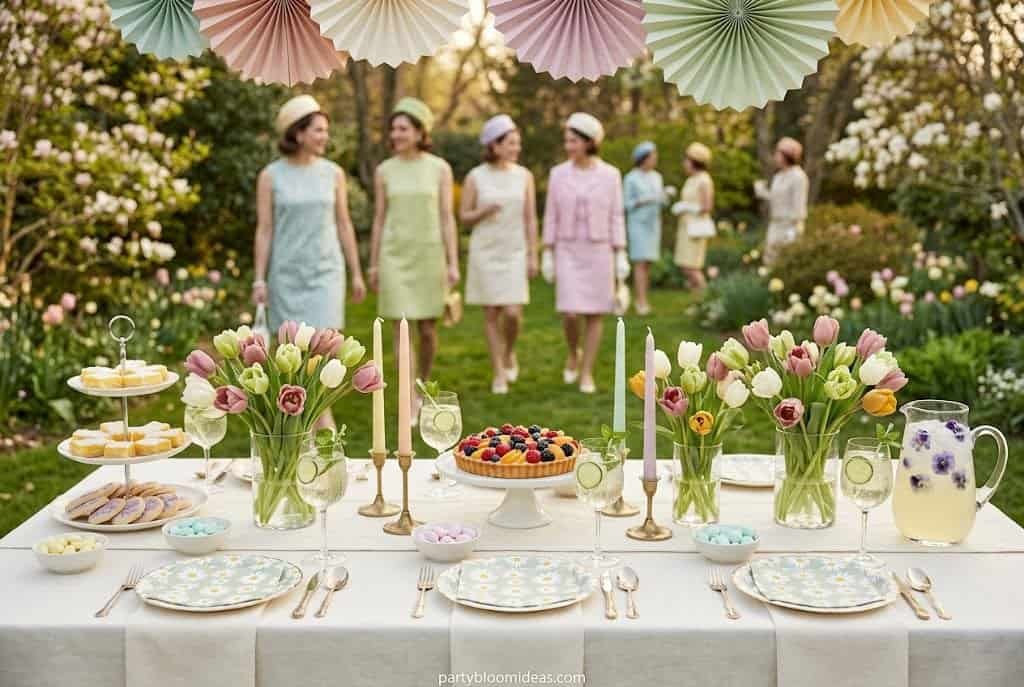 Outdoor garden tea party with women in pastel dresses, floral centerpieces, and elegant table settings.