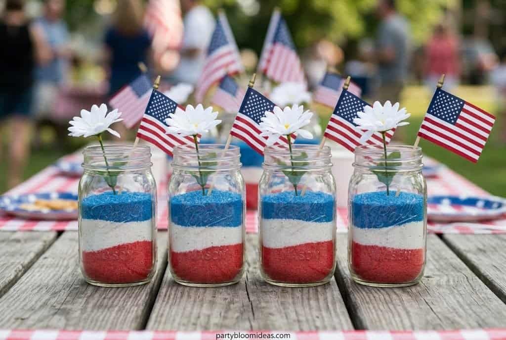 Mason jars layered with red, white, and blue sand decorated with small flags and flowers