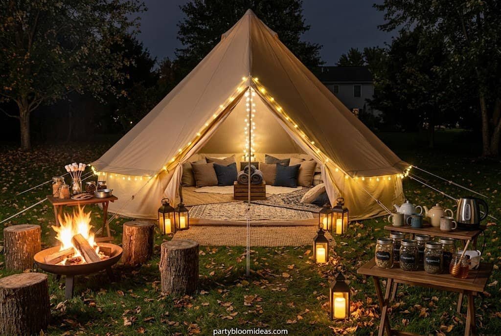 Cozy glamping tent illuminated with string lights in an outdoor setting