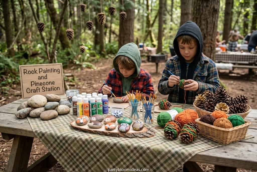 Camping-themed kids craft table with painted rocks, pinecones, acrylic paint, and woodland art supplies