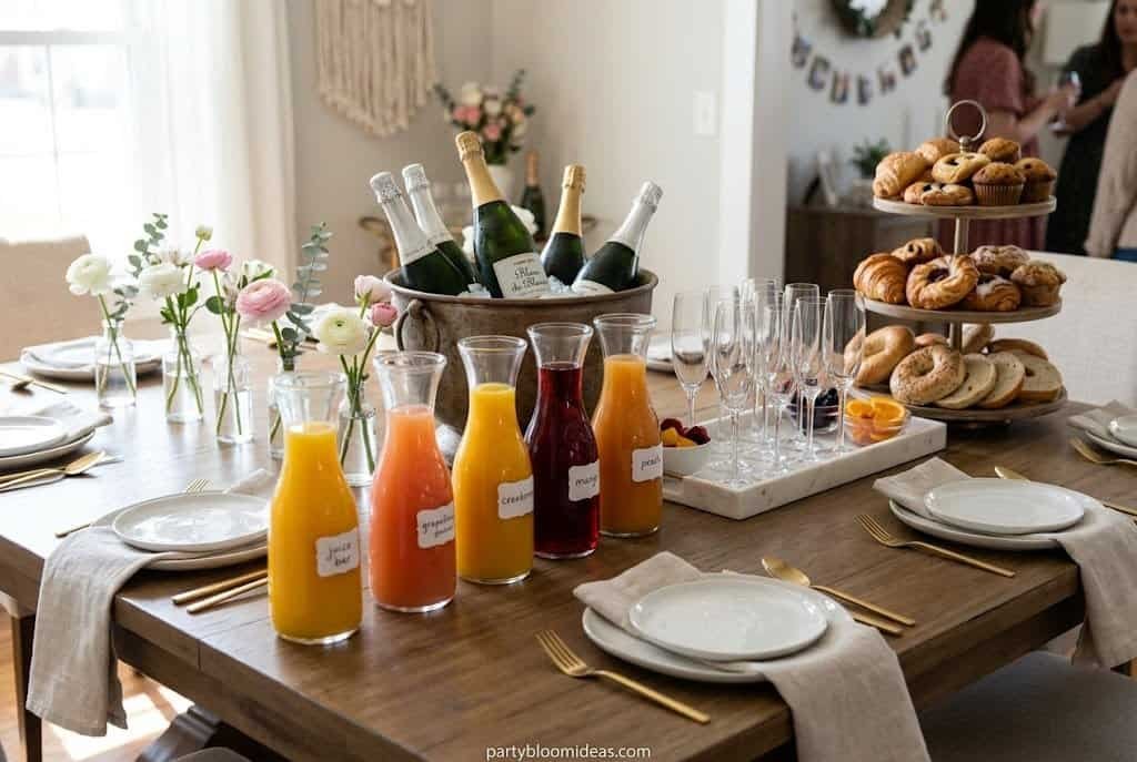 Party table setup with drinks, pastries, and floral decorations for a brunch celebration