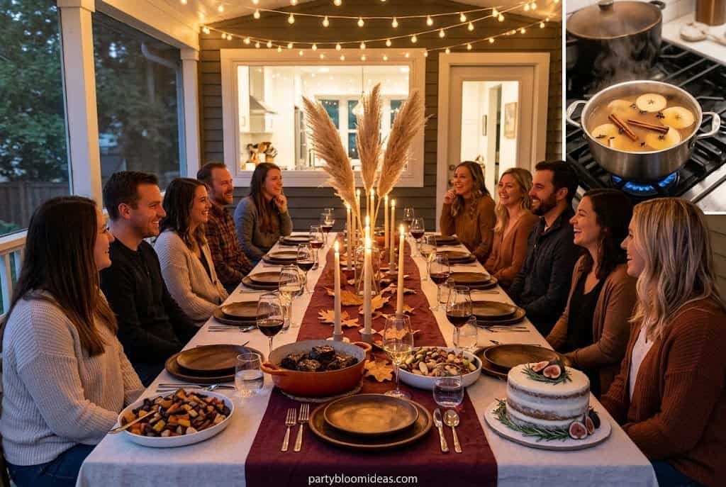 Elegant harvest dinner party with taper candles, pampas grass, and autumn table styling