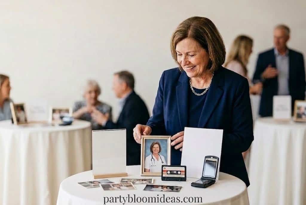 Retirement party tables themed by career decades with vintage props, old workplace photos, and nostalgic decorations.