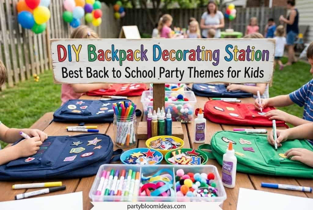 Kids decorating canvas backpacks with fabric markers, patches, and stickers at a creative party station.