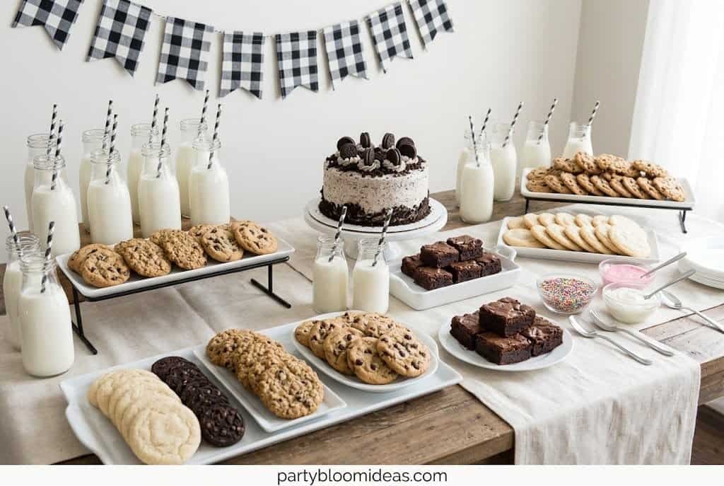 Party dessert table with cookies, milk bottles, and a chocolate cake for celebrations.