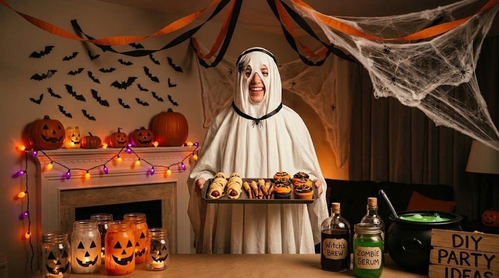 Halloween party decorations with a woman dressed as a ghost holding a tray of baked treats.