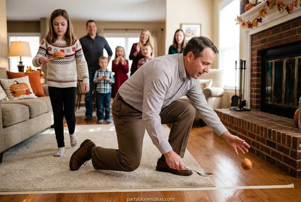 Thanksgiving relay race with players balancing sweet potatoes on spoons while family cheers nearby