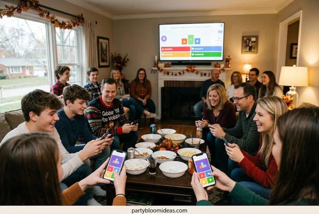 Family teams playing Thanksgiving trivia on phones and laptops during a holiday gathering