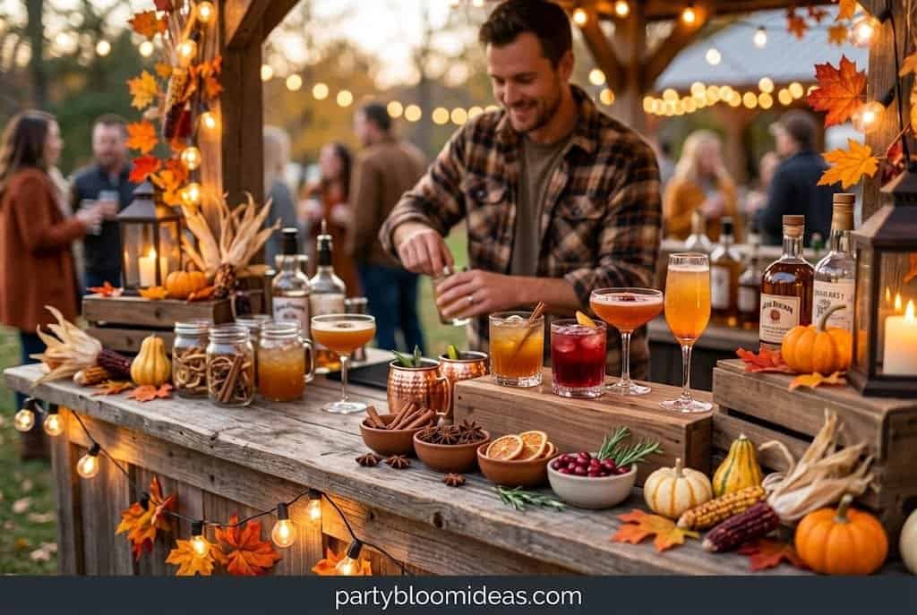 Outdoor fall cocktail bar with pumpkins and fall decor. Friendsgiving Dinner Party Ideas