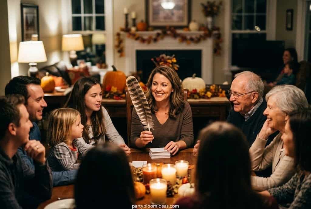 Thanksgiving guests passing a turkey feather in a candlelit living room gathering