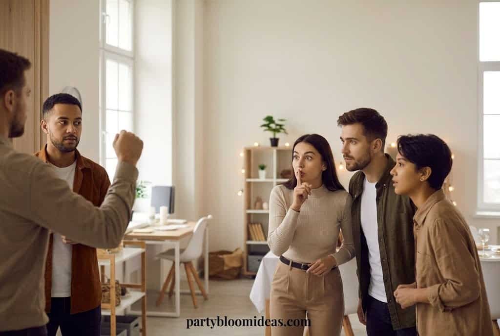 Group of friends discussing surprise party ideas indoors.