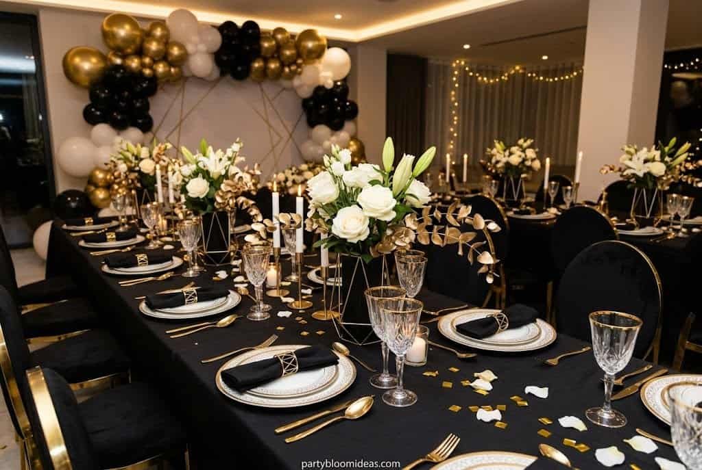 Elegant black white and gold party theme with balloons, gold accents, and modern table decor.
