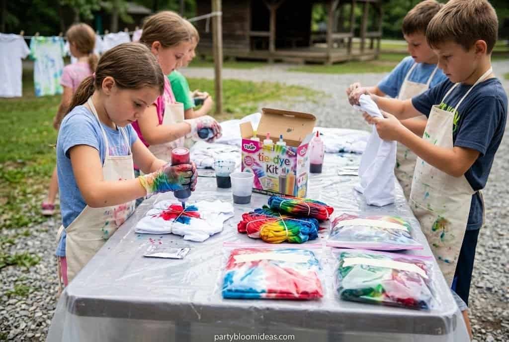Kids making tie-dye camp t-shirts at an outdoor craft station during a camping birthday party