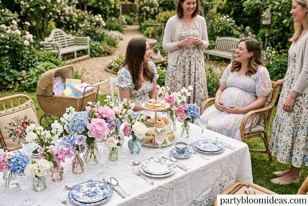 Beautiful outdoor baby shower with floral decorations and a decorated table setting.