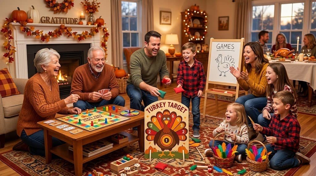 Family playing turkey-themed board game during holiday gathering indoors.