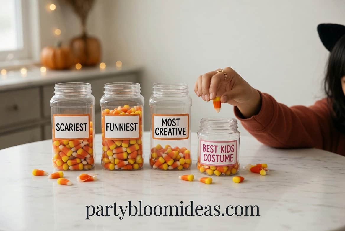 Halloween costume contest setup with voting jars for scariest, funniest, and most creative costumes at a party.