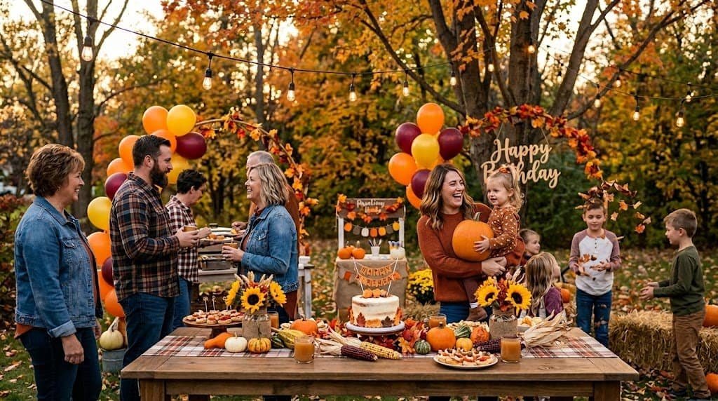 Family celebrating a fall birthday outdoors with pumpkins, balloons, and a decorated cake.