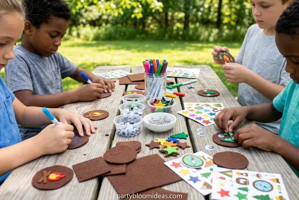 DIY camp badge craft station with felt badges, stickers, markers, and kids creating ranger patches