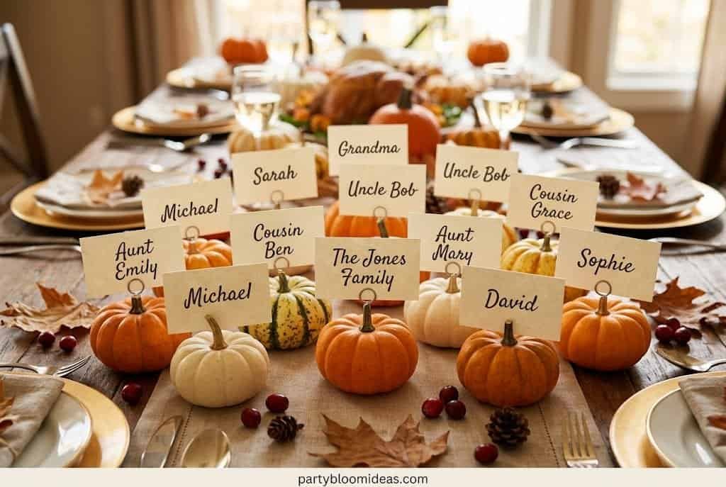 Mini pumpkin place card holders with handwritten name cards for a Thanksgiving table