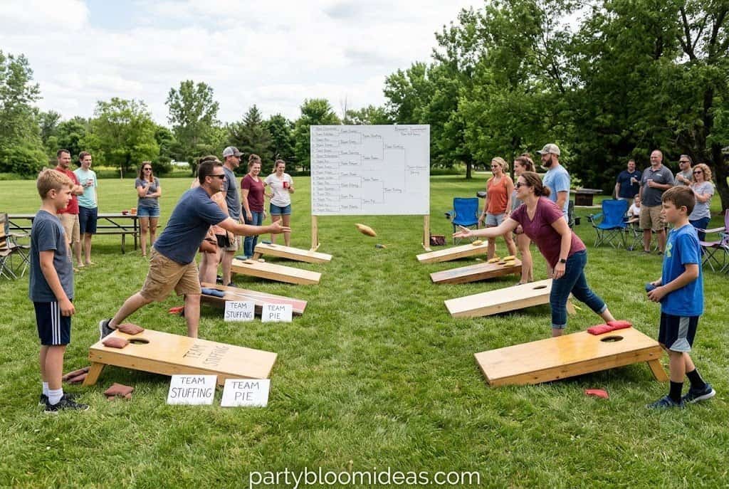 Backyard Thanksgiving cornhole tournament with adults and teens competing outdoors