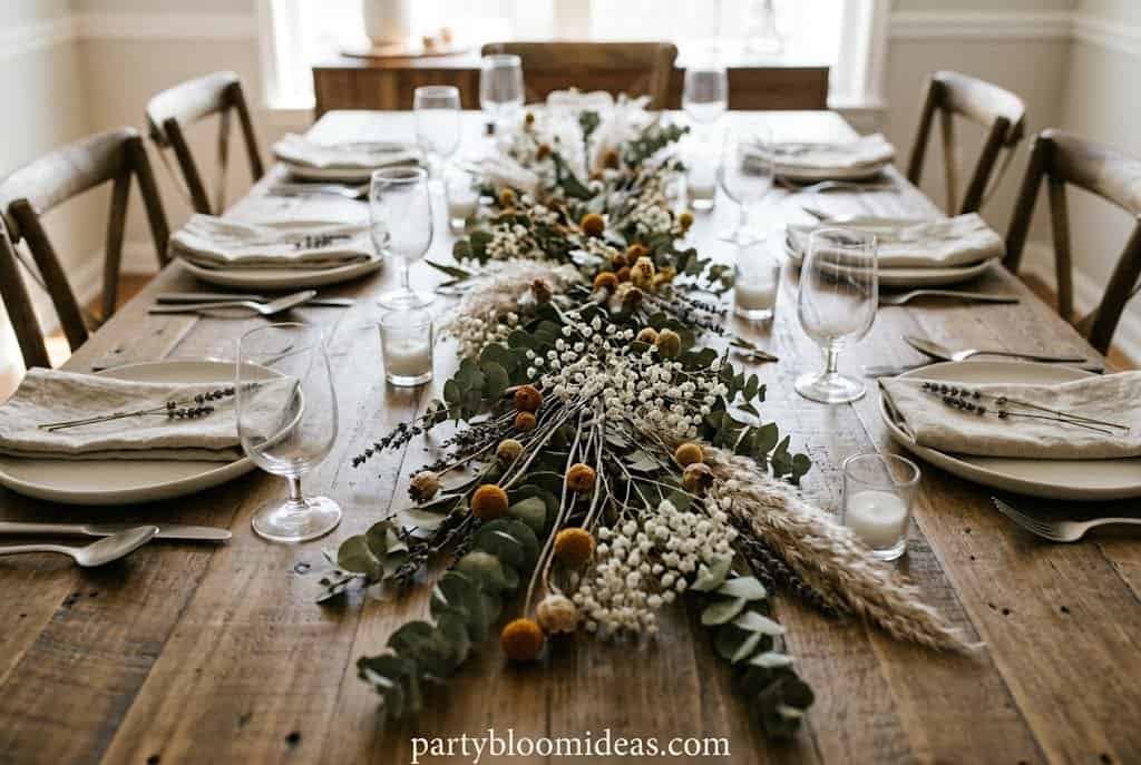 Elegant rustic Thanksgiving table with a flat dried botanical and greenery runner centerpiece