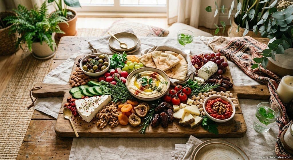 boho themed party food table with rustic snacks, earthy styling, and aesthetic presentation