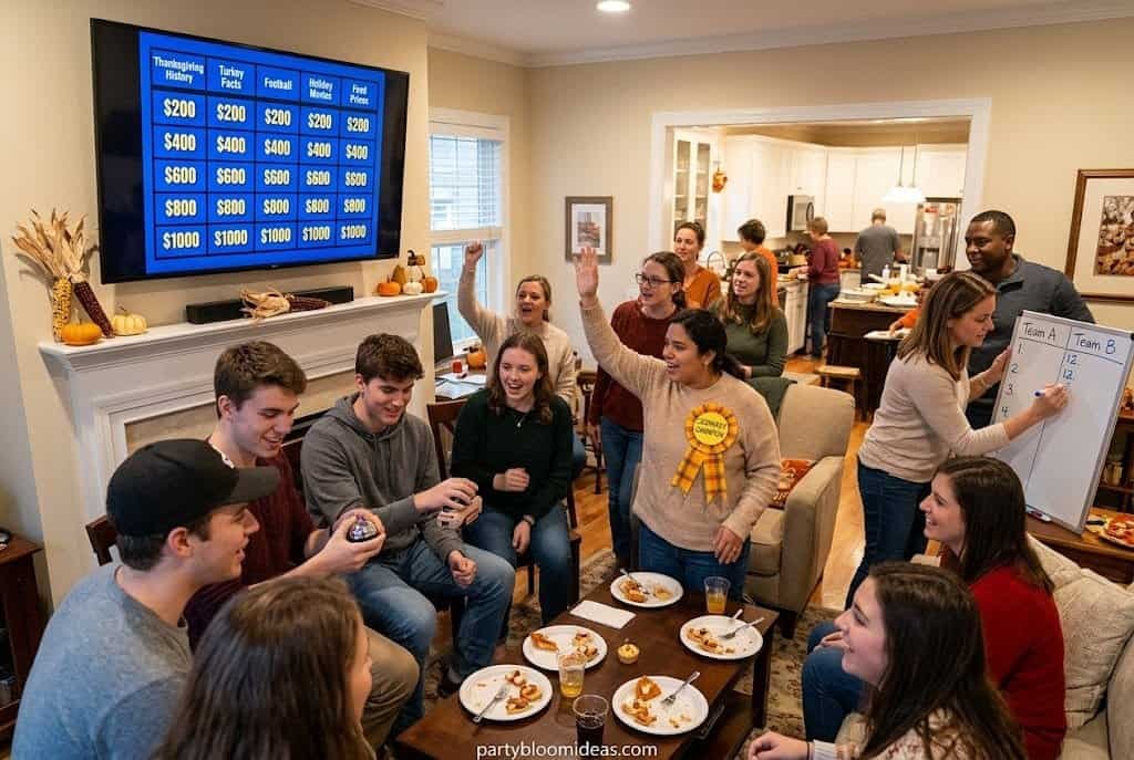 Friends gathered around a TV playing Thanksgiving Jeopardy during a cozy Friendsgiving celebration
