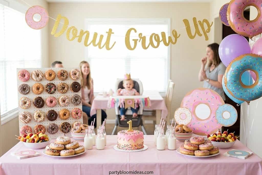 Donut themed birthday party with colorful donuts and decorations for kids.