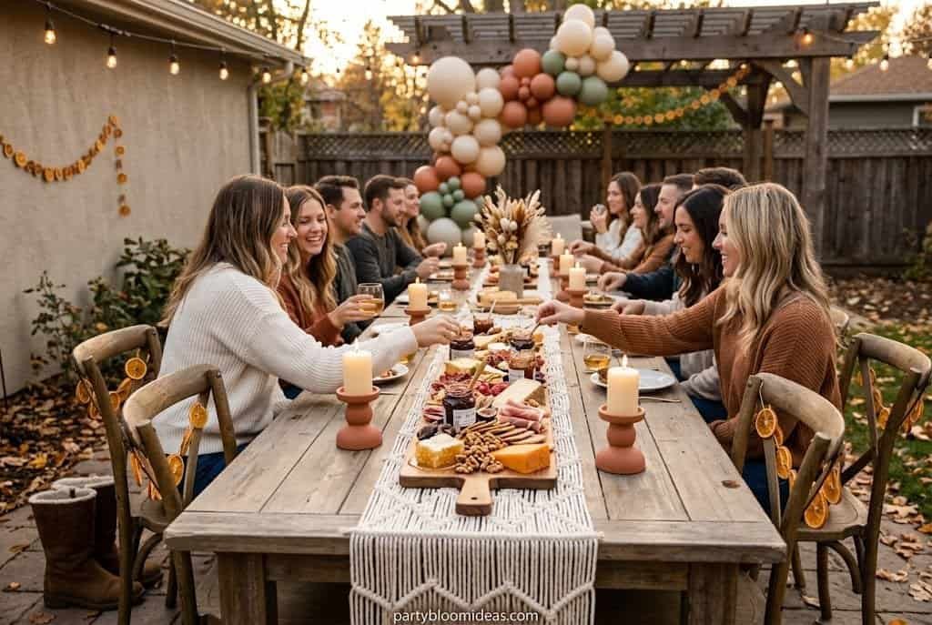 Rustic boho birthday setup with dried orange garland, neutral balloons, and terracotta decor