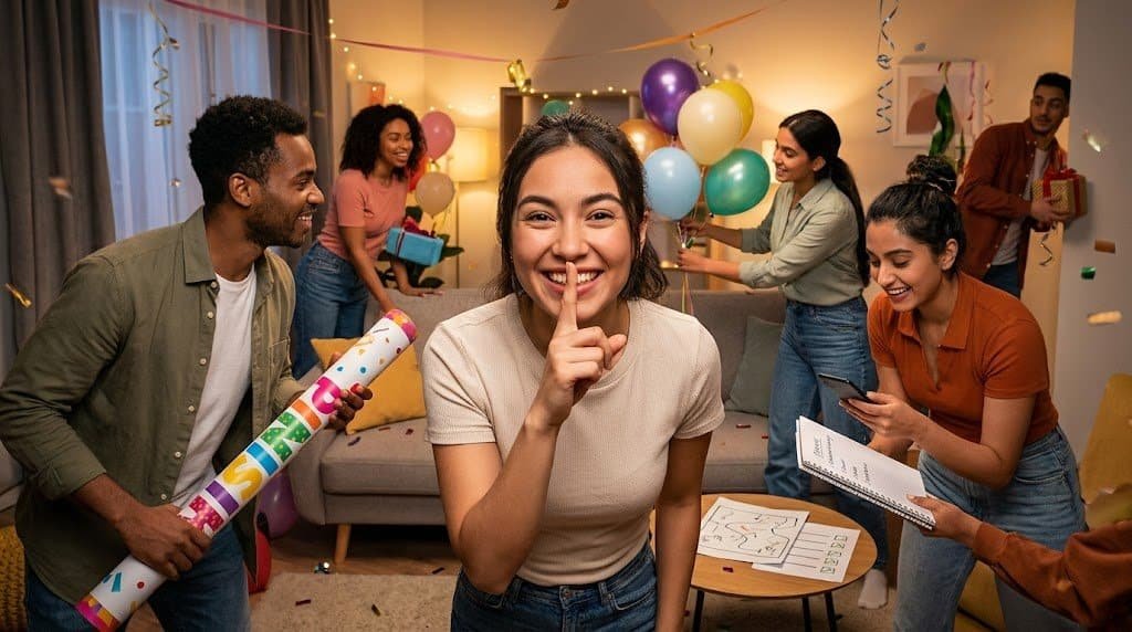 Group of friends celebrating a surprise party with balloons and gifts.