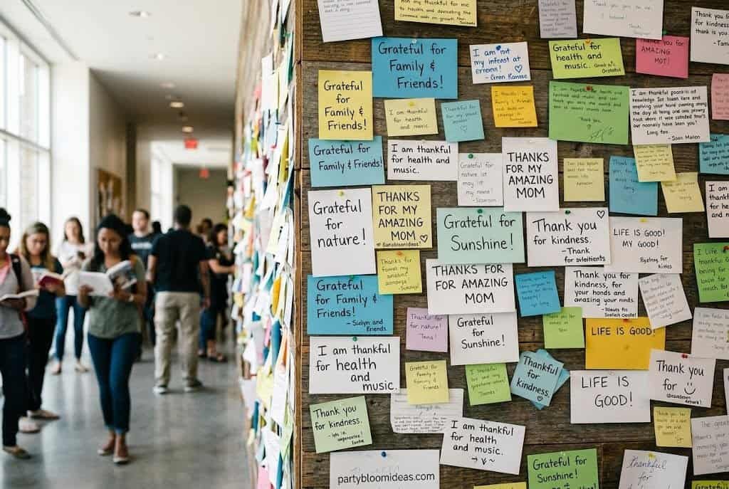 Friendsgiving gratitude wall with kraft paper, handwritten thankful notes, string lights, and markers